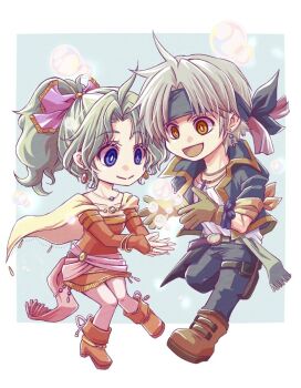 1boy 1girl arm_up ayana_(iqaw5cfohvdtver) black_headband black_jacket black_pants blue_eyes boots border bracelet breasts bridal_gauntlets brown_boots brown_eyes cape chibi chibi_only closed_mouth dress earrings elbow_gloves final_fantasy final_fantasy_vi gloves green_hair grey_background grey_hair hair_ribbon headband jacket jewelry locke_cole long_hair medium_breasts necklace open_mouth pants parted_bangs pink_ribbon ponytail red_dress red_sleeves ribbon sash shirt short_hair smile tina_branford waist_sash white_border white_shirt yellow_cape