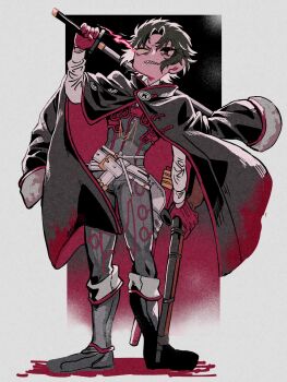 1boy a_nzi_end asymmetrical_dual_wielding black_coat black_hair bodysuit boots coat coat_on_shoulders commentary_request dual_wielding fate/grand_order fate_(series) full_body gloves grey_bodysuit gun highres hijikata_toshizou_(fate) holding holding_gun holding_sword holding_weapon male_focus red_eyes red_gloves sharp_teeth short_hair single_blank_eye solo sword teeth weapon