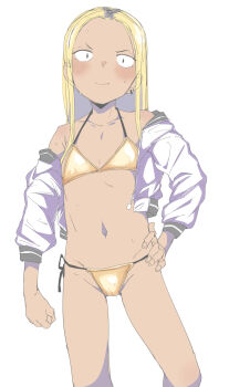 1girl absurdres awkward bikini blonde_hair blush cameltoe clenched_hand cropped_jacket earrings flat_chest gold_bikini groin hand_on_own_hip highres jacket jewelry letterman_jacket loli long_hair long_sleeves looking_at_viewer multiple_earrings navel off_shoulder open_clothes open_jacket original shiny_swimsuit shoulder_blush side-tie_bikini_bottom simple_background smile solo sweat swimsuit white_background zettai_yarumoni