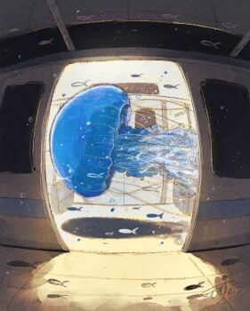 animal commentary door fish floating highres jellyfish kazunoko_(kazunoko_zunoco) no_humans original signature train train_interior train_station_platform