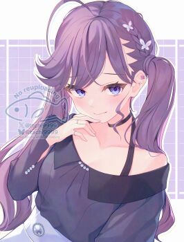 1girl absurdres ahoge black_choker black_shirt blush braid butterfly_hair_ornament choker collarbone commentary_request ear_piercing gakuen_idolmaster hair_ornament highres idolmaster kaya_rinha long_hair long_sleeves looking_at_viewer miyanome off-shoulder_shirt off_shoulder official_alternate_costume outline piercing purple_hair shirt shirt_tucked_in solo twintails very_long_hair white_outline