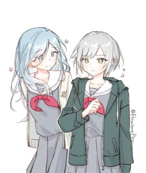 2girls arm_at_side arms_behind_back blue_eyes blue_hair blush cardigan closed_mouth collarbone cowboy_shot drawstring firmianapenguin flying_sweatdrops green_eyes green_jacket grey_hair grey_serafuku grey_shirt grey_skirt hair_between_eyes hand_up hashtag-only_commentary highres hinomori_shiho hinomori_shizuku hood hood_down hooded_jacket jacket long_hair long_sleeves looking_at_another looking_at_viewer miyamasuzaka_girls'_academy_school_uniform mole mole_under_mouth multiple_girls neckerchief open_cardigan open_clothes open_jacket pleated_skirt project_sekai red_neckerchief sailor_collar school_uniform serafuku shirt short_hair siblings sidelocks simple_background sisters skirt smile swept_bangs twitter_username unzipped white_background white_cardigan white_sailor_collar