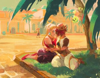 arabian_clothes blonde_hair daeyumi dohna_(zelda) gerudo grass hug imminent_kiss nintendo official_alternate_costume palm_tree ponytail princess_zelda red_hair sitting the_legend_of_zelda the_legend_of_zelda:_echoes_of_wisdom tree tri_(zelda) yuri