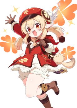 1girl backpack bag blonde_hair bloomers boots brown_gloves child commentary_request dress feet_out_of_frame genshin_impact gloves hand_up happy hat hat_feather highres kamuraaa_615 klee_(genshin_impact) leg_up low_twintails open_hand open_mouth pointy_ears randoseru red_eyes red_hat solo sparkle standing standing_on_one_leg twintails underwear