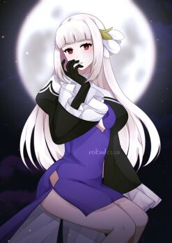 1girl bravely_default_(series) bravely_second:_end_layer commentary dress english_commentary flower hair_flower hair_ornament highres legs_together light_blush long_hair long_sleeves looking_at_viewer magnolia magnolia_arch moon purple_dress red_eyes rokudessa short_dress signature sitting smile white_hair