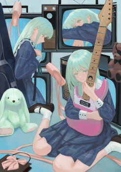 3girls absurdres bag ballet_slippers bang_dream! bang_dream!_it's_mygo!!!!! black_shoes blue_dress clone closed_mouth commentary_request dress expressionless eyepatch green_hair guitar guitar_case highres holding holding_guitar holding_instrument hugging_object instrument instrument_case long_hair long_sleeves looking_at_viewer looking_down mao_tai multiple_girls plaid_clothes plaid_dress profile shoes shopping_bag sitting socks stuffed_animal stuffed_rabbit stuffed_toy teddy_bear television unworn_shoes wakaba_mutsumi wariza white_socks yellow_eyes