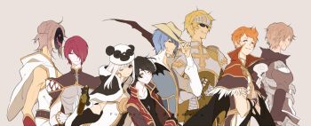 1girl 6+boys animated animated_gif armor assassin_cross_(ragnarok_online) bat_wings black_cape black_gloves black_hair black_scarf black_shirt black_wings blonde_hair blue_hair blue_vest breastplate brown_cape brown_coat brown_hair brown_hat brown_tabard cape capelet champion_(ragnarok_online) closed_mouth clown_(ragnarok_online) coat collared_shirt commentary cowboy_hat creator_(ragnarok_online) cross cross_necklace elbow_gloves english_commentary fingerless_gloves fumiddition fur-trimmed_cape fur-trimmed_capelet fur_trim gloves gold_trim grey_shirt hair_over_one_eye hat head_wings high_collar high_wizard_(ragnarok_online) hood hood_down hooded_coat jewelry long_hair long_sleeves looking_afar looking_at_viewer lord_knight_(ragnarok_online) mask masked multicolored_coat multiple_boys necklace orange_eyes orange_hair panda_hat pauldrons priest_(ragnarok_online) ragnarok_online red_capelet red_coat red_hair scarf shirt short_hair shoulder_armor simple_background sleeveless sleeveless_coat smile sunglasses tabard two-tone_coat upper_body vest visor_(armor) white_coat white_gloves white_shirt wings yellow_eyes