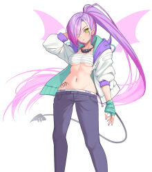 Rule 34 | 1girl, alternate costume, alternate hairstyle, barbell piercing, bibi (tokoyami towa), blush, breasts, chest sarashi, demon tail, ear piercing, gradient hair, green eyes, hair ornament, hairclip, highres, hip tattoo, hololive, hood, hooded jacket, industrial piercing, jacket, long hair, looking at viewer, multicolored hair, multicolored nails, nail polish, navel, navel piercing, pants, piercing, pink hair, ponytail, purple hair, sarashi, solo, stomach, streaked hair, tail, tail ornament, tail piercing, tokoyami towa, virtual youtuber, white background, white hair, z.m. (zimin)