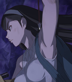 Rule 34 | 10s, 1girl, armpits, arrow (projectile), backpack, bag, black hair, bra, breasts, cave, dirty, female focus, hairband, haruyama kazunori, kumashiro maya, lingerie, long hair, medium breasts, nipples, randoseru, see-through clothes, seikimatsu occult gakuin, solo, underwear, when you see it