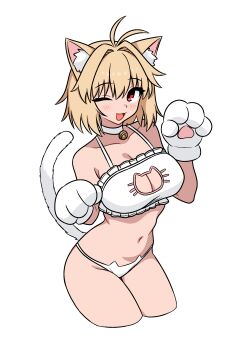 1girl 64vii :3 absurdres animal_ear_fluff animal_ears animal_hands arcueid_brunestud blonde_hair blush bra breasts cat_cutout cat_ears cat_lingerie cat_tail cleavage_cutout clothing_cutout gloves highres large_breasts looking_at_viewer one_eye_closed open_mouth panties paw_gloves red_eyes short_hair smile solo tail thighs tsukihime tsukihime_(remake) underwear underwear_only white_bra white_panties