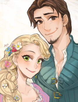 Rule 34 | 1boy, 1girl, ano (sbee), artist name, beard, blonde hair, braid, brown eyes, brown hair, couple, disney, dress, facial hair, flower, flynn rider, green eyes, happy, height difference, hetero, long hair, looking at viewer, purple dress, rapunzel (disney), shirt, short hair, simple background, smile, very long hair, vest, waistcoat, white background, white shirt