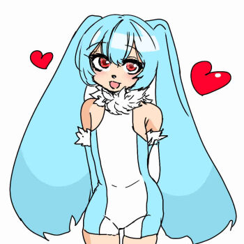 1boy animal_ears blue_hair blush bodysuit commentary detached_sleeves fur-trimmed_sleeves fur_trim heart kenma-kun koushinism leotard open_mouth rabbit_ears red_eyes sleeveless sleeveless_bodysuit yuubinuke