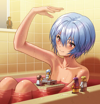 1girl akagi_ritsuko arm_up armpits ayanami_rei bath bathing bathroom bathtub blue_hair blush breasts character_doll closed_mouth collarbone commentary completely_nude convenient_censoring doll dripping eyelashes hair_between_eyes hand_up highres ikari_gendou ikari_shinji indoors katsuragi_misato knees_up lego light_blush light_smile looking_at_object looking_down neon_genesis_evangelion nude partially_submerged pink_water playing red_eyes scene_reference shadow short_hair sitting small_breasts smile solo tile_wall tiles toy water wet wet_hair window yahha
