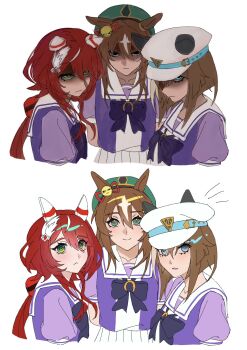 3girls animal_ears arms_behind_back beret blue_bow blue_bowtie blue_shirt blunt_ends bob_cut bow bowtie brooch brown_hair character_request cheval_grand_(umamusume) closed_mouth collarbone commentary cropped_legs cropped_torso ear_covers ear_ornament ear_ribbon ears_through_headwear empty_eyes english_commentary feather_hair_ornament feathers fluffy_white_puppy_expressions_(meme) frown green_eyes green_hat hair_between_eyes hair_bow hair_ornament happy hat high-waist_skirt highres horse_ears horse_girl horseshoe_ornament jewelry long_hair_between_eyes long_sidelocks looking_at_viewer low_ponytail meme meme_request miengplazabzab multicolored_hair multiple_girls notice_lines parted_lips pleated_skirt pointy_nose ponytail puffy_short_sleeves puffy_sleeves red_bow red_hair red_ribbon ribbon sailor_collar sailor_hat school_uniform shaded_face shirt short_hair_with_long_locks short_sleeves sidelocks simple_background single_stripe skirt streaked_hair striped_bow surprised tracen_school_uniform two-tone_shirt umamusume white_background white_hat white_sailor_collar white_shirt white_skirt win_variation_(umamusume)