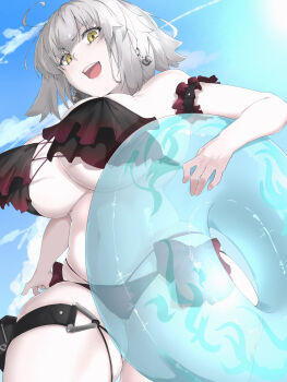 1girl bare_shoulders bikini black_bikini blue_sky bow breasts cleavage commentary_request fate/grand_order fate_(series) grey_hair highres innertube jeanne_d'arc_alter_(fate) large_breasts looking_at_viewer navel open_mouth ri_o_ne_su short_hair sky smile solo swim_ring swimsuit thigh_strap thighs yellow_eyes