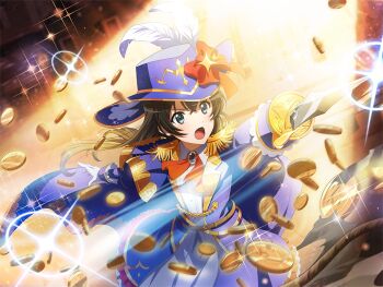 Rule 34 | 1girl, adapted costume, athos, athos (cosplay), attack trail, black hair, blue eyes, blue hat, bow, coin, cosplay, dagger, epaulettes, game cg, gloves, hair between eyes, hat, hat feather, holding, holding dagger, holding knife, holding weapon, kagura hikari, knife, long hair, long sleeves, official art, open mouth, red bow, red ribbon, ribbon, shirt, shoujo kageki revue starlight, shoujo kageki revue starlight -re live-, solo, spotlight, the three musketeers, upper body, v-shaped eyebrows, weapon, white gloves, white shirt