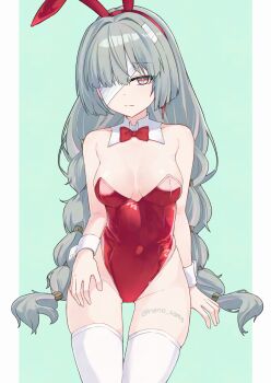 1girl alternate_costume animal_ears bandage_over_one_eye bare_shoulders bow bowtie braid breasts closed_mouth commentary_request cowboy_shot detached_collar fake_animal_ears grey_eyes grey_hair groin highres leotard long_hair looking_at_viewer low_twin_braids medium_breasts nenosame partial_commentary phrolova_(wuthering_waves) playboy_bunny red_bow red_bowtie red_leotard shiny_clothes solo thighhighs twin_braids white_background white_thighhighs wrist_cuffs wuthering_waves
