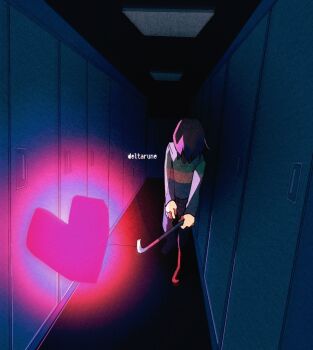 1other ceiling_light darkness deltarune door film_grain following glowing glowing_heart green_sweater hallway head_down highres hockey_stick holding holding_stick holding_weapon kris_(deltarune) logo long_sleeves medium_hair shio_tou soul_(deltarune) stalking stick striped_clothes striped_sweater sweater utdr_(toby_fox) weapon