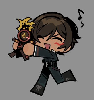 1girl ^_^ belt black_belt black_jacket black_pants brown_hair clock closed_eyes coat commentary dante_(limbus_company) dated_commentary fire hands_up holding holding_mini_person jacket limbus_company mini_person necktie object_head official_art open_mouth outis_(project_moon) pants project_moon red_coat red_necktie short_hair smile symbol-only_commentary