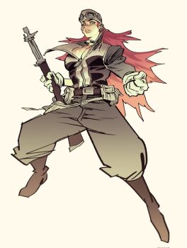 1girl belt boots breasts cleavage dynamic_pose fingerless_gloves full_body gachiakuta gloves goggles goggles_on_head jacket long_hair midriff mildretta open_clothes open_jacket red_hair smirk staff standing toned weapon