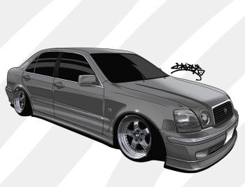 banato1215 car diagonal-striped_background glint grey_car greyscale highres monochrome motor_vehicle no_humans original signature stance_(vehicle) striped_background toyota toyota_progres vehicle_focus