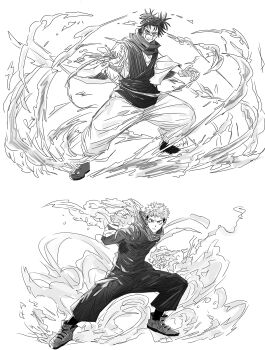 2boys absurdres brothers choso_(jujutsu_kaisen) commentary_request facial_mark highres itadori_yuuji jacket jujutsu_kaisen jujutsu_tech_uniform male_focus multiple_boys robe scar siblings spiked_hair undercut yokkoisho_(81827)