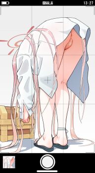 1girl ankle_ribbon anus anus_peek ass bandaid bandaid_on_pussy bent_over blue_archive bottomless fake_phone_screenshot fake_screenshot grid hair_spread_out halo hanako_(blue_archive) hanako_(swimsuit)_(blue_archive) kneepits leg_ribbon official_alternate_costume oversized_clothes oversized_shirt pink_hair pussy pussy_peek ribbon sand shirt solo special_cat white_shirt