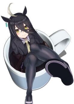 1girl ahoge animal_ears black_coat black_hair black_pantyhose blush coat coffee coffee_mug commentary_request cup ear_tag earrings hair_between_eyes highres horse_ears horse_girl horseshoe in_container in_cup jewelry leg_up long_bangs long_hair long_hair_between_eyes looking_at_viewer manhattan_cafe_(creeping_shadow)_(umamusume) manhattan_cafe_(umamusume) mug necktie oversized_object pantyhose partially_submerged shoe_soles shoes simple_background single_earring smile solo umamusume uwabaki white_background white_shoes yami_anko yellow_necktie