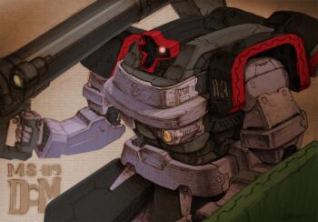 Rule 34 | aoi onion, bazooka (gundam), beam cannon, character name, commentary request, dom (mobile suit), english text, gundam, mecha, mecha focus, mobile suit, mobile suit gundam, no humans, one-eyed, original, redesign, robot, science fiction, scope, shield, weapon, zeon