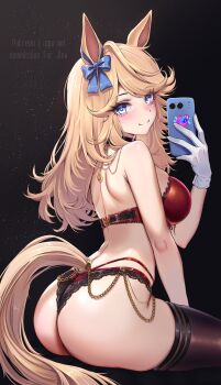 1girl absurdres agurami animal_ears ass ass_focus back black_choker black_thighhighs blonde_hair blue_bow blue_eyes blush bow bra breasts chain choker closed_mouth commentary commission dark_background ear_bow english_commentary english_text from_behind gloves gold gold_chain gold_city_(umamusume) highres holding holding_phone horse_ears horse_girl horse_tail huge_ass lace lace_panties large_breasts long_hair looking_at_viewer looking_back median_furrow panties phone red_bra red_panties selfie single_glove skindentation smile solo swept_bangs tail thick_thighs thighhighs thighs umamusume underwear underwear_only white_gloves yellow_tail