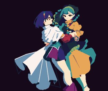 2girls 4qw5 apron arm_around_waist arm_ribbon bare_legs black_background black_eyes blue_hair blue_ribbon boots cape closed_mouth collared_cape dancing dress expressionless feet_out_of_frame frilled_apron frilled_sleeves frills from_side green_apron green_headscarf green_headwear hairband haniyasushin_keiki headscarf high_collar highres holding_hands jewelry leg_ribbon long_hair long_sleeves looking_at_another magatama magatama_necklace medium_skirt multicolored_dress multicolored_hairband multiple_girls necklace open_mouth patchwork_clothes pixel_art puffy_short_sleeves puffy_sleeves purple_footwear purple_hair rainbow_hairband red_sleeves ribbon rubber_boots short_dress short_hair short_sleeves simple_background single_strap skirt smile tenkyuu_chimata touhou turtleneck turtleneck_dress two-tone_sleeves very_long_hair white_cape yellow_dress yellow_sleeves yuri