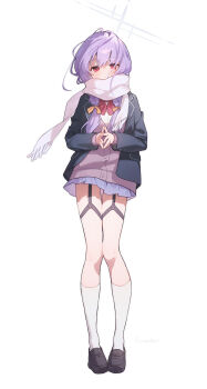 1girl absurdres alternate_costume atsuko_(blue_archive) black_jacket black_shoes blue_archive blue_shirt bow bowtie closed_mouth commentary_request expressionless full_body hakasesuicchi halo highres jacket kneehighs loafers long_hair looking_at_viewer open_clothes open_jacket purple_hair red_bow red_bowtie red_eyes scarf shirt shoes simple_background socks solo standing twitter_username white_background white_socks