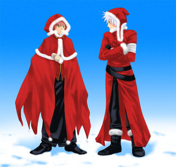 Rule 34 | 2boys, assassin (ragnarok online), black boots, black pants, black shoes, blue sky, boots, brown eyes, cape, closed mouth, coat, commentary request, crossed arms, dated commentary, day, full body, green eyes, looking at another, male focus, multiple boys, oomojiya, outdoors, pants, pink hair, ragnarok online, red cape, red coat, red shirt, santa costume, shirt, shoes, short hair, sky, smile, snow, standing, white hair, wizard (ragnarok online)