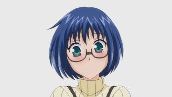 ... 1girl animated animated_gif blue_hair blush bob_cut bust_to_bust female_focus glasses green_eyes looking_at_viewer short_hair simple_background solo