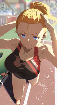 1girl blonde_hair blue_eyes blurry bokeh breasts commentary_request depth_of_field foreshortening highres jogging medium_breasts original outdoors ponytail tokumaro tying_hair