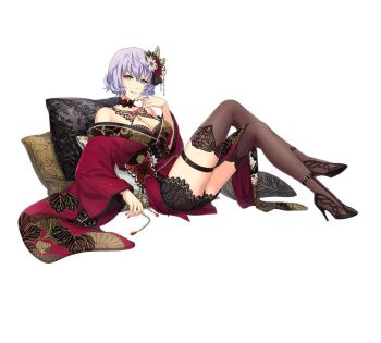 Rule 34 | 1girl, akatsuki no kiseki, black choker, black thighhighs, breasts, choker, cleavage, crossed legs, eiyuu densetsu, flower, from side, full body, green eyes, grey hair, hair flower, hair ornament, high heels, japanese clothes, jpeg artifacts, kimono, large breasts, long sleeves, looking at viewer, nail polish, official art, parted lips, pillow, red kimono, red nails, sen no kiseki (series), sen no kiseki i, sharon kreuger, short hair, short kimono, simple background, skindentation, smile, solo, tachi-e, thigh strap, thighhighs, third-party source, white background, white flower, wide sleeves, zettai ryouiki