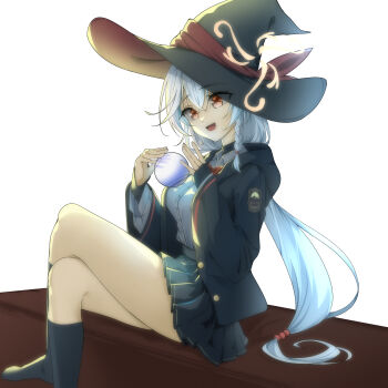 1girl :d absurdres black_hat black_jacket black_skirt black_socks blue_archive braid breasts collared_shirt commentary crossed_bangs crossed_legs crystal_ball dress_shirt emblem eri_(blue_archive) eyes_visible_through_hair foot_out_of_frame grey_hair hair_between_eyes hair_bobbles hair_ornament halo hands_up hat highres jacket kneehighs large_breasts long_hair long_sleeves low-tied_long_hair low_ponytail miniskirt nia_noki no_shoes open_clothes open_jacket open_mouth pleated_skirt ponytail red_eyes shirt simple_background single_braid sitting skirt smile socks solo thighs tilted_halo very_long_hair white_background white_shirt wide_sleeves wildhunt_art_academy_logo witch_hat yellow_halo