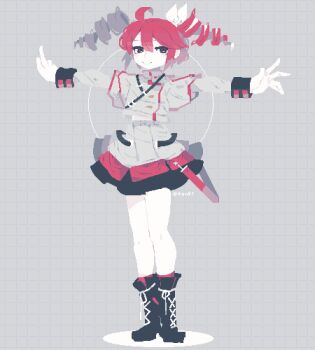 1girl 4qw5 black_boots boots closed_mouth drill_hair full_body grey_background grey_jacket grey_skirt grid_background highres jacket kasane_teto kasane_teto_(sv) legs_together long_sleeves looking_at_viewer miniskirt no_lineart pixel_art red_hair skirt smile solo standing synthesizer_v t-pose twin_drills utau