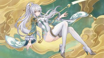 1girl absurdres boots braid breasts china_dress chinese_clothes commentary crescent dress earrings english_commentary full_body fur_trim genshin_impact gold_trim grey_hair hair_between_eyes hair_ornament high_heels highres jewelry long_hair looking_at_viewer medium_breasts moonstosky nail_polish pom_pom_(clothes) ponytail single_braid solo tassel thigh_boots wide_sleeves yellow_eyes yellow_nails zibai_(genshin_impact)