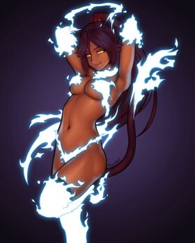 >:) 1girl absurdres animal_ears armpits arms_behind_head aura black_thighhighs bleach bleach:_sennen_kessen-hen breasts cat_ears cat_tail choker dark-skinned_female dark_skin elbow_gloves electricity electrokinesis energy gloves glowing hair_ears hair_ribbon high_ponytail highres lightning long_hair medium_breasts midriff navel nose nude panties parted_bangs ponytail purple_background purple_hair red_ribbon ribbon shihouin_yoruichi sidelocks signature simple_background smile smug solo standing standing_on_one_leg tail thighhighs txnshi underwear v-shaped_eyebrows very_long_hair yellow_eyes