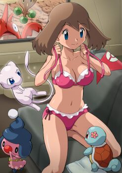 1girl bikini blue_eyes bonsly breasts brown_hair corphish covered_erect_nipples crawdaunt dressing gen_1_pokemon gen_3_pokemon gen_4_pokemon groin large_breasts legendary_pokemon may_(pokemon) mew_(pokemon) mime_jr. mythical_pokemon navel nintendo official_alternate_costume peeking pokemoa pokemon pokemon:_lucario_and_the_mystery_of_mew pokemon_(anime) pokemon_(creature) pokemon_rse_(anime) squirtle swimsuit