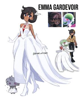 1girl artist_name black_hair character_name cosplay dress emma_(pokemon) espurr gardevoir gen_3_pokemon gen_6_pokemon gloves grey_fur high_heels highres mega_gardevoir mega_gardevoir_(cosplay) mega_pokemon nintendo official_art_inset pokemon pokemon_(creature) pokemon_legends:_z-a purple_eyes rhymewithray screenshot_inset simple_background sketch white_background white_dress white_gloves