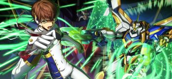 1boy brown_hair code_geass code_geass:_fukkatsu_no_lelouch code_geass:_lost_stories f4samurai gloves green_eyes highres knightmare_frame kururugi_suzaku lancelot_(code_geass) lancelot_sin male_focus mecha official_art open_mouth robot solo teeth white_gloves