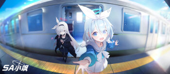 2girls absurdres aqua_hair aqua_halo aqua_pupils arona_(blue_archive) artist_logo artist_name black_choker black_coat black_hairband black_pantyhose black_sailor_collar black_serafuku black_shirt black_shoes black_skirt blue_archive blue_eyes blue_shirt blurry blurry_background bow bow_hairband braid bright_pupils chinese_commentary choker chromatic_aberration closed_mouth coat colored_inner_hair commentary_request day depth_of_field eyes_visible_through_hair fisheye grey_eyes grey_hair hair_bow hair_ornament hair_over_one_eye hairband halo hands_on_own_chest highres light_smile logo long_hair long_sleeves looking_at_viewer looking_to_the_side making-of_available medium_hair mismatched_pupils multicolored_hair multiple_girls neckerchief open_clothes open_coat open_door open_mouth outstretched_arms own_hands_together pantyhose pink_hair plana_(blue_archive) pleated_skirt puffy_long_sleeves puffy_sleeves reaching reaching_towards_viewer red_halo red_pupils sailor_collar sailor_shirt school_uniform serafuku shirt shoes side_braid sidelocks single_braid skirt standing subway subway_station teeth two-tone_hair upper_teeth_only white_bow white_choker white_hairband white_neckerchief white_sailor_collar white_skirt xiao_sa_(hayatekkk)