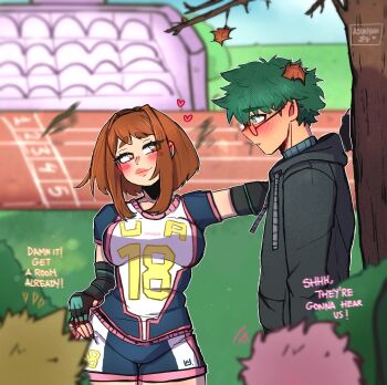Rule 34 | 2boys, 2girls, artist request, ashido mina, bakugou katsuki, blush, blush stickers, boku no hero academia, brown eyes, brown hair, english text, glasses, green eyes, green hair, hetero, highres, izuocha, leaf, leaf on head, looking at another, looking to the side, matching hair/eyes, midoriya izuku, multiple boys, multiple girls, sportswear, track and field, uraraka ochako