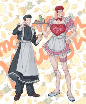 Rule 34 | 168broccoli, 2boys, apron, banana, bandaid, bandaid on knee, bandaid on leg, black dress, black hair, blush, crossdressing, crossdressing (mtf), detached collar, dress, food, frilled apron, frilled dress, frills, fruit, fruit background, full body, gakuran, half-heart hands, hand on own hip, highres, holding, holding tray, lemon, looking at viewer, maid, maid apron, male focus, male maid, mango, mito youhei, multiple boys, pectoral cleavage, pectorals, pineapple, pineapple slice, pink dress, pompadour, puffy sleeves, red hair, sakuragi hanamichi, school uniform, short hair, slam dunk (series), smile, starfruit, tray, waist apron