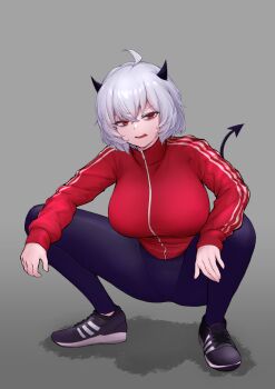 1girl ahoge alternate_costume black_shoes breasts demon_girl demon_horns demon_tail full_body grey_hair helltaker highres horns jacket large_breasts long_sleeves malina_(helltaker) minishell open_mouth pants red_eyes red_jacket shoes short_hair slav_squatting smartbsm_(minishell) solo squatting tail teeth track_pants upper_teeth_only white_hair