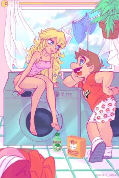 1boy 1girl baking_soda bare_shoulders barefoot blonde_hair blue_eyes blue_shorts breasts brown_hair camisole character_print cleavage closed_mouth clothes_dryer clothesline cloud cloudy_sky couple crossed_legs curtains facial_hair food_print full_body green_shell_(mario) hand_on_own_hip hanging_from_ceiling hetero highres indoors laundry laundry_basket leaning_forward long_hair looking_at_another mario mario_(series) medium_breasts mushroom_print mustache nintendo open_mouth panties pink_camisole pink_lips pink_panties plant pocket_catyay potted_plant princess_peach print_shirt red_shirt shirt shoes short_hair shorts sitting sky smile t-shirt tile_floor tiles toad_(mario) twitter_username underwear washing_machine white_shoes