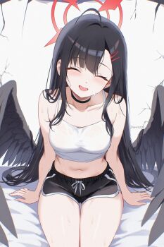 1girl ahoge bare_arms bare_shoulders black_choker black_hair black_shorts black_wings blue_archive breasts camisole choker closed_eyes commentary crop_top danraz0r dolphin_shorts drawstring english_commentary facing_viewer feathered_wings hair_ornament hairclip halo highres ichika_(blue_archive) long_hair looking_at_viewer low_wings medium_breasts midriff navel open_mouth shirt short_shorts shorts sitting sleeveless sleeveless_shirt smile solo spaghetti_strap stomach sweat thigh_gap thighs very_long_hair white_shirt wings