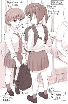 1boy 2girls backpack bag commentary_request ebifly fang greyscale highres monochrome multiple_girls necktie original school_uniform short_hair smug train_interior translated twintails